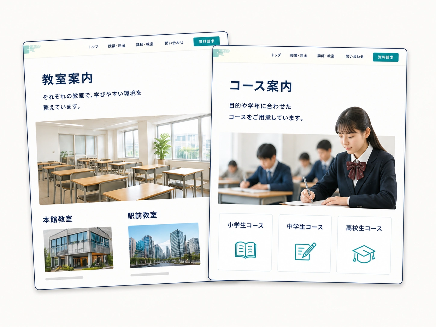 教室案内と学年別コース案内を分けた架空サイトの構成例