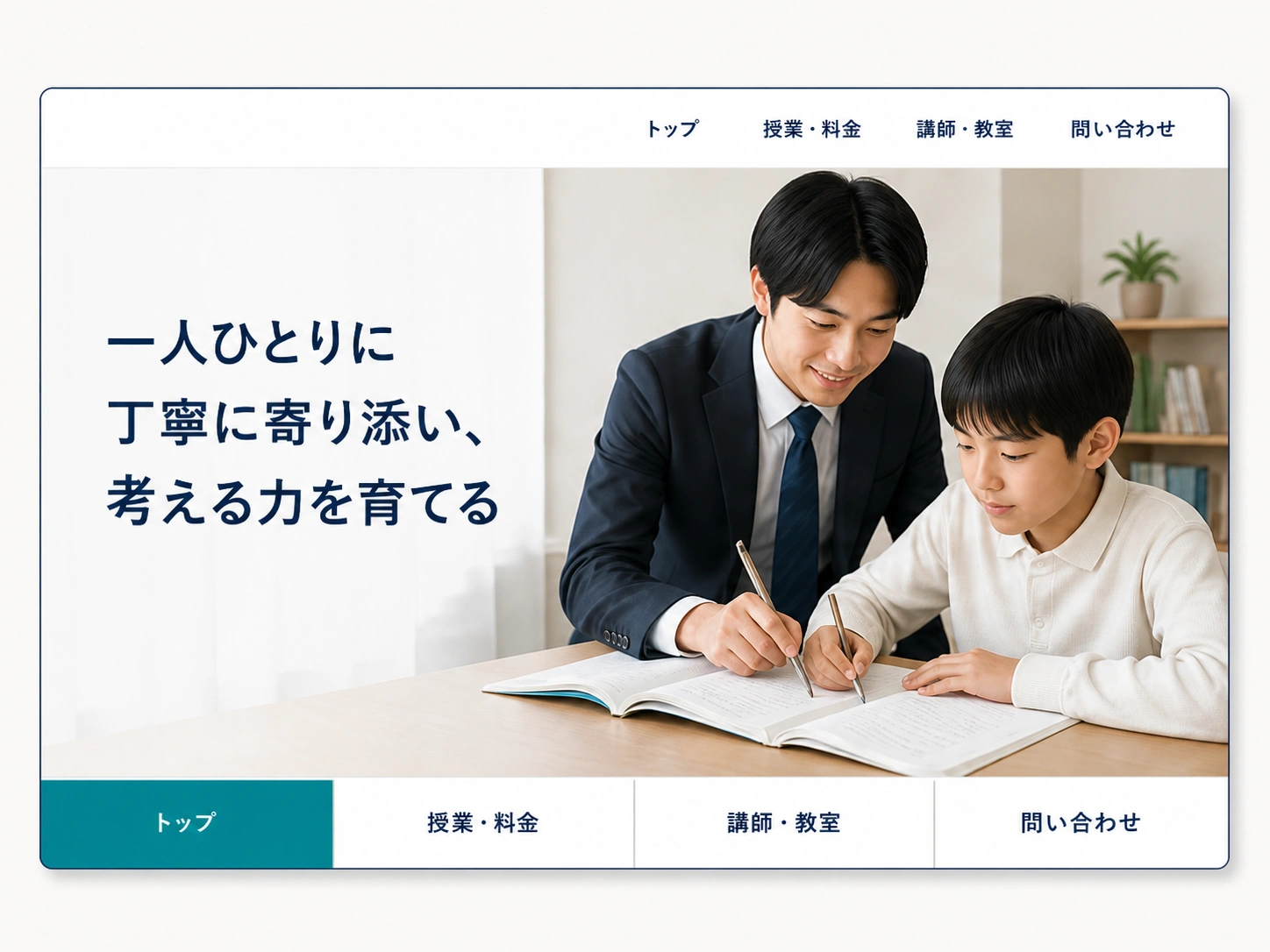一つの教室の授業・料金、講師・教室、問い合わせをまとめた架空サイトの構成例