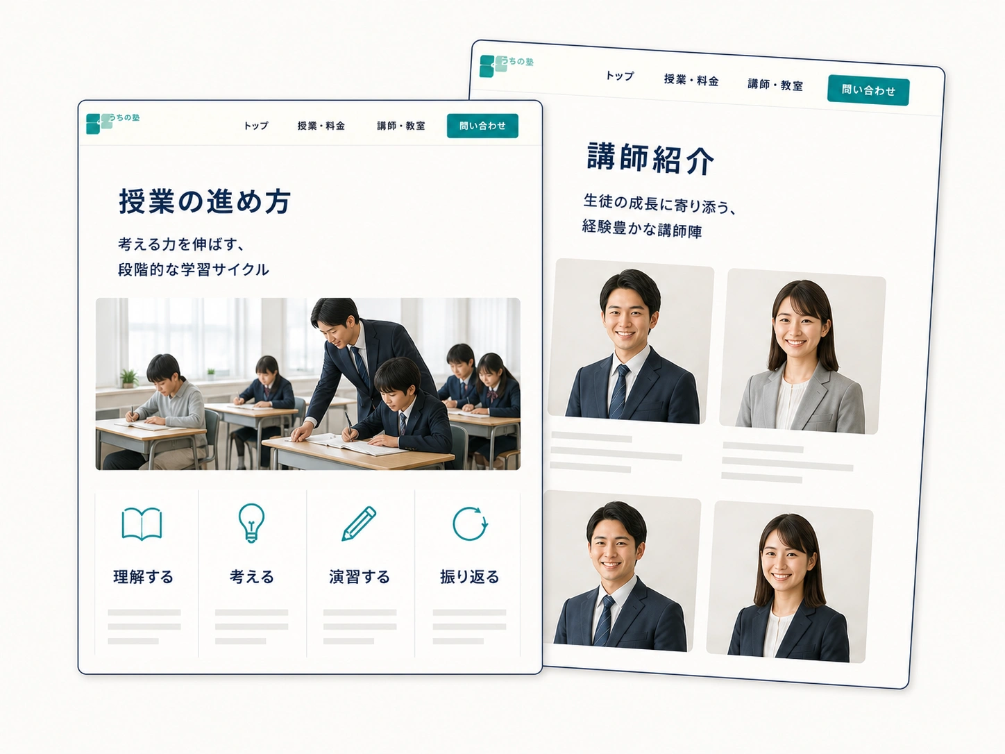 授業の進め方と講師紹介を、それぞれのページで示した架空サイトの構成例