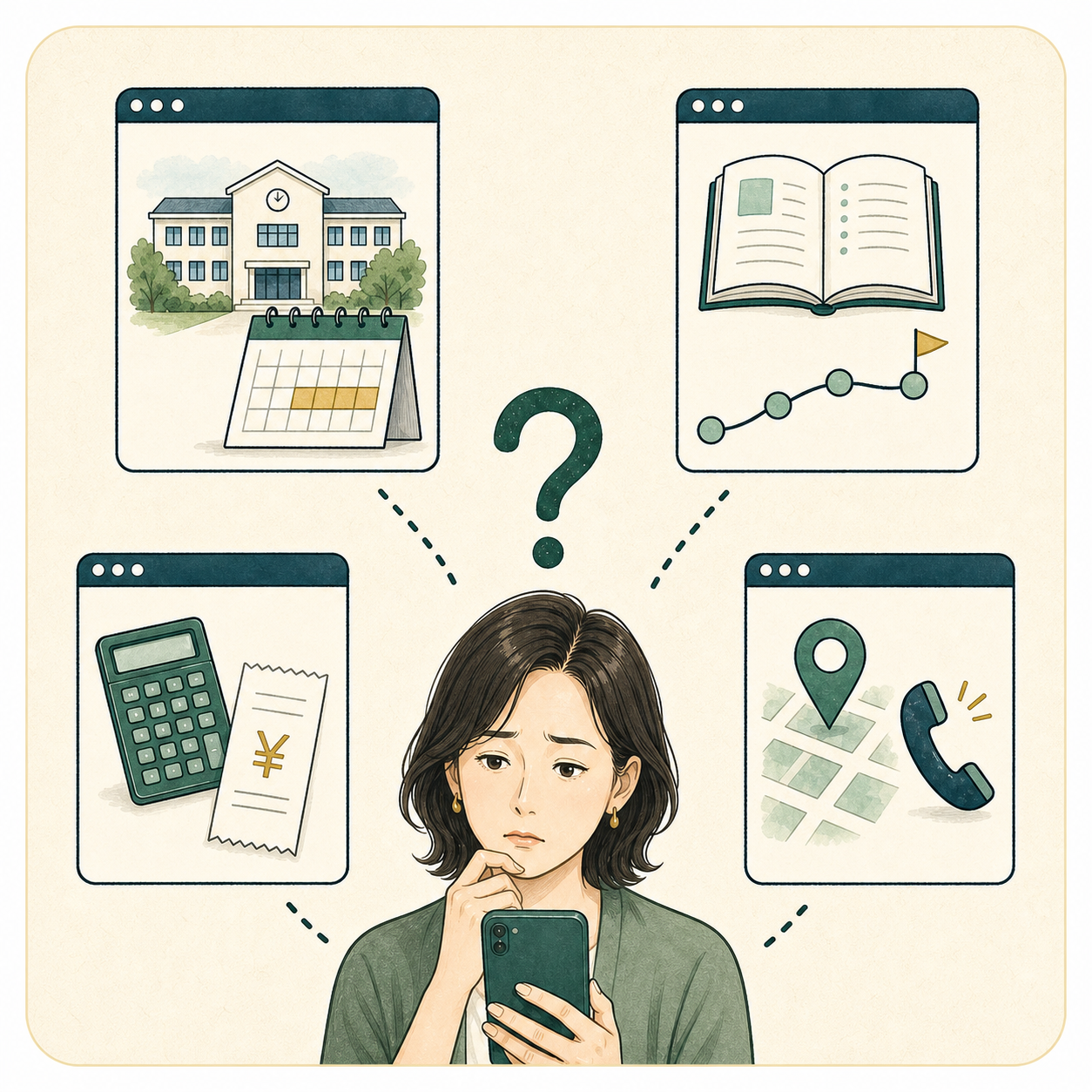 募集学年、授業、費用、教室情報が別々のページにあり、スマートフォンを見る保護者が迷っている様子