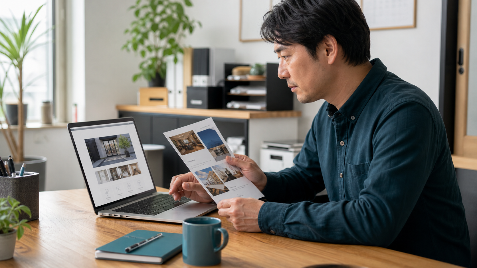 会社概要ページ案と事業資料を見比べる小規模事業者のイメージ