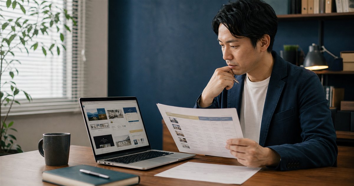 事業者が制作会社の公式サイトと比較メモを見比べている場面