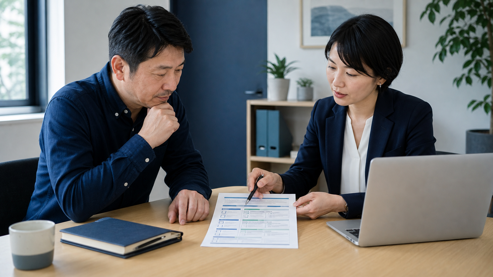 事業者と制作担当者が同じ作業範囲の資料を見ながら話すイメージ