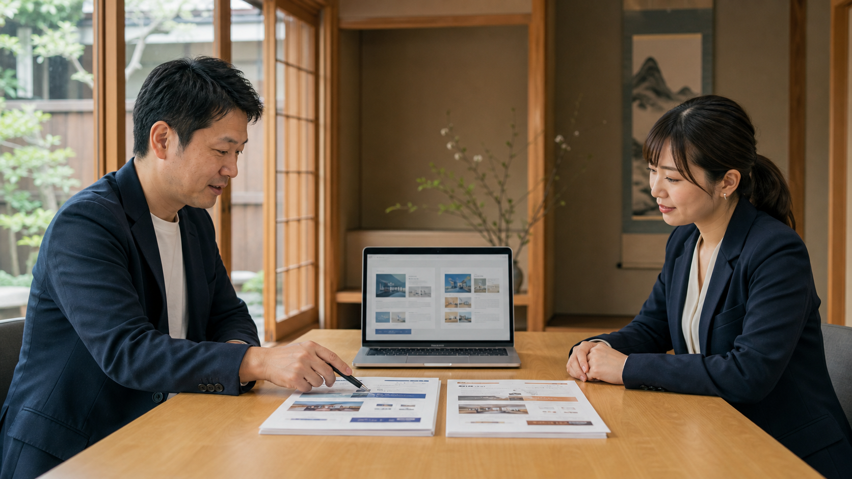 経営者が二社分のホームページ制作提案書を並べて内容を比較している様子