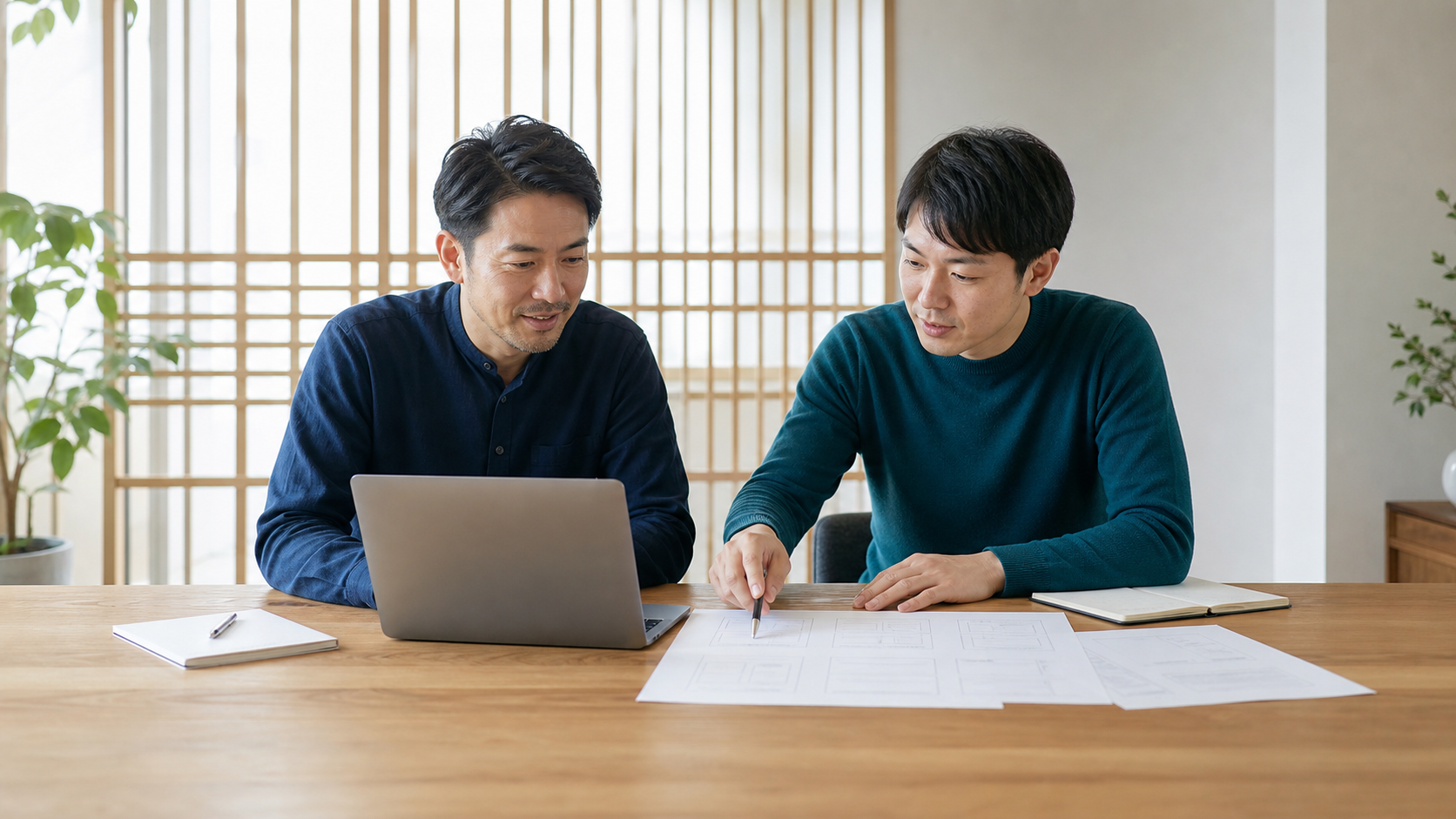 経営者とWeb制作担当者がパソコンとページ構成資料を見ながら打ち合わせる様子